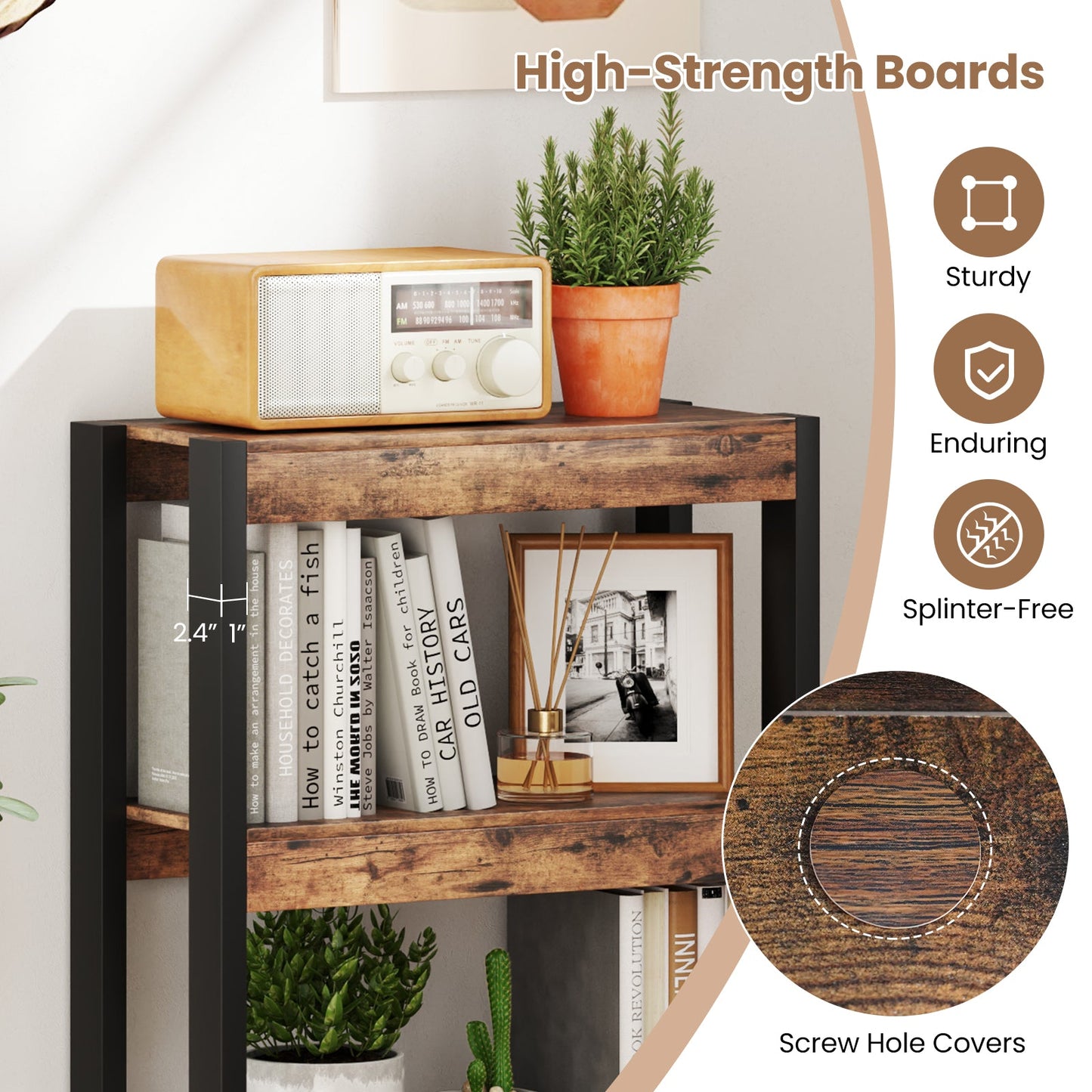 4 Tier Bookshelf Wooden Bookcase with Dual Anti-Tipping Kits