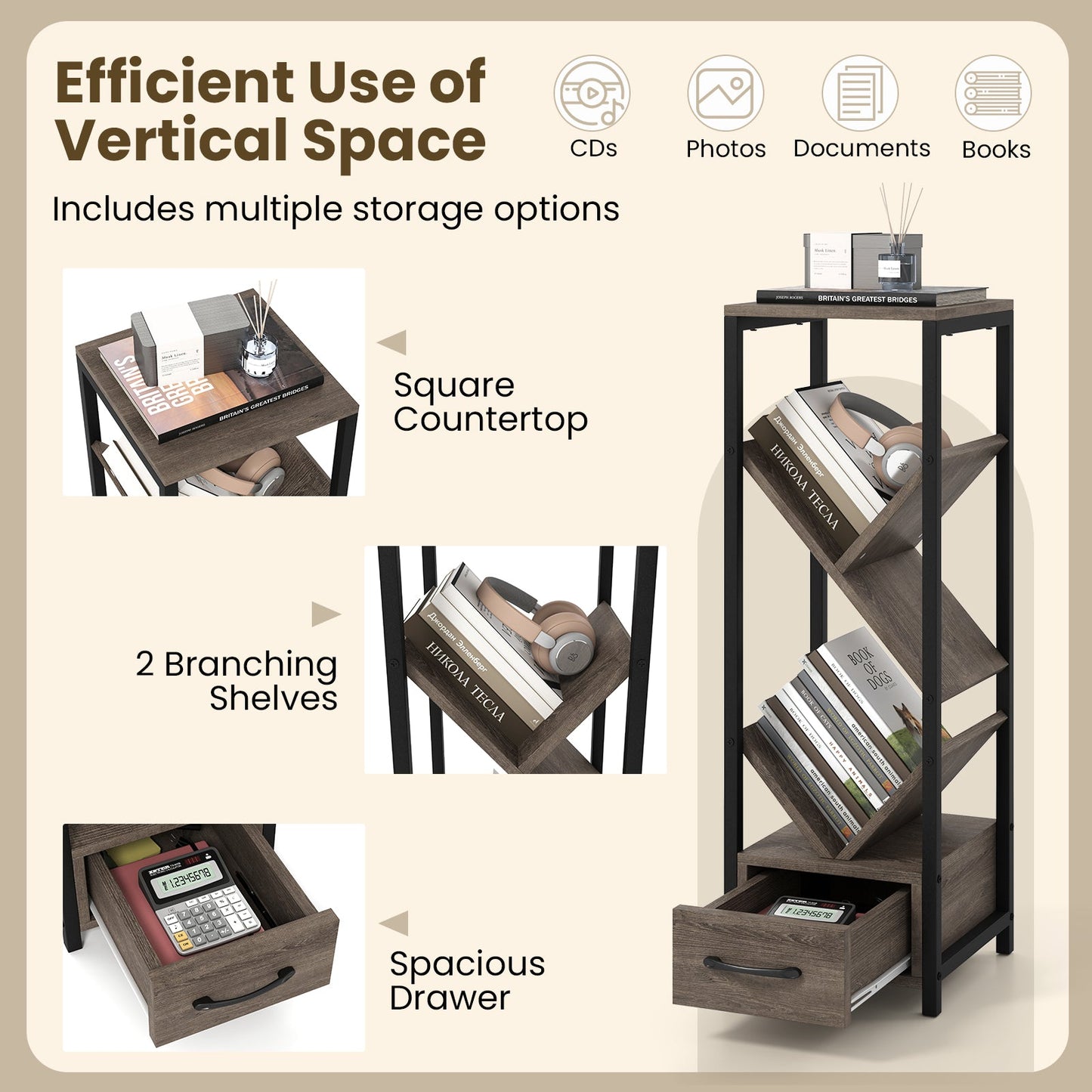 4 Tier Floor Tree Bookshelf with Drawer and Metal Frame-Gray