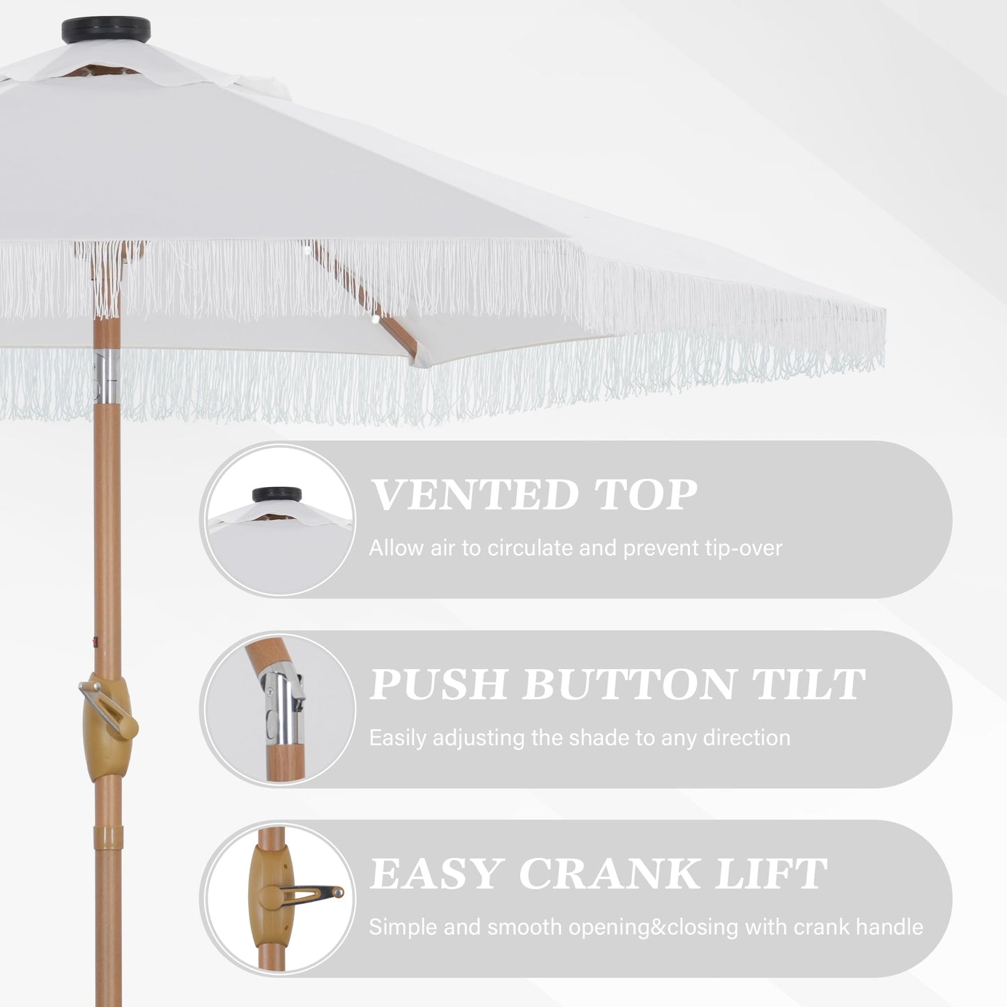 Ainfox 7.5ft Boho Fringe Patio Umbrella with Solar LED Lights, UV Protected Outdoor Umbrella