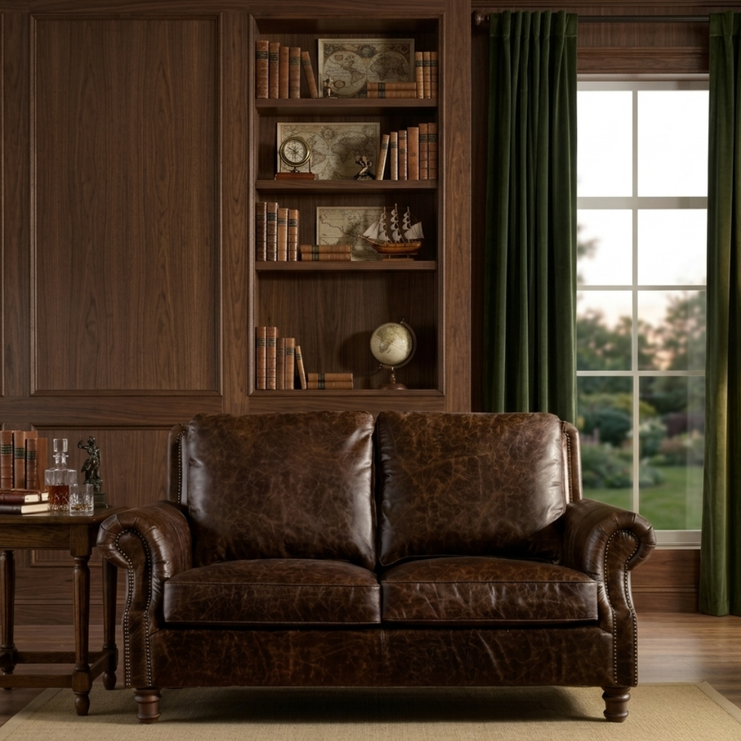 English Rolled Arm Love Seat - Dark Brown Leather