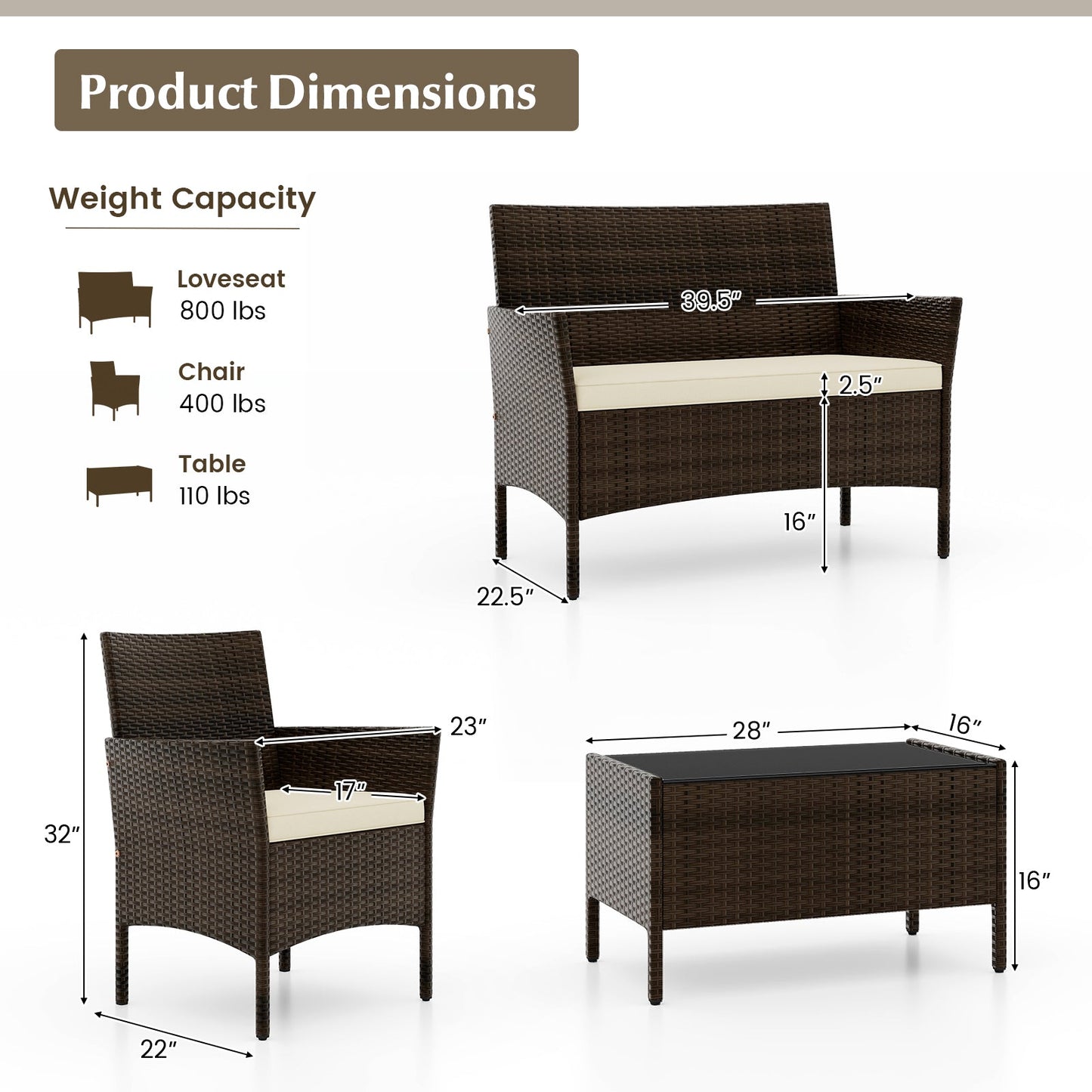 4 Piece Patio Rattan Conversation Set with Cozy Seat Cushions