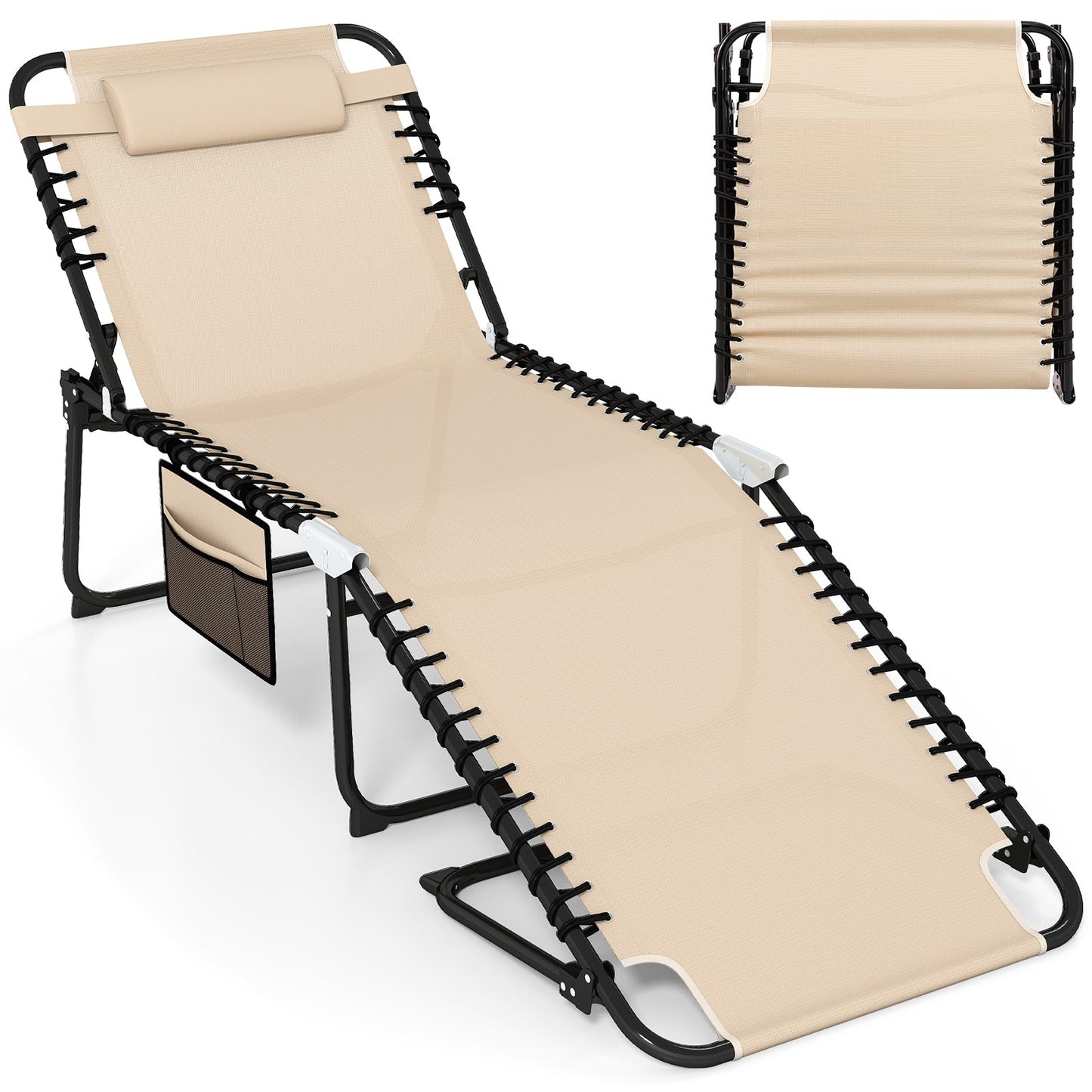 4 Position Folding Lounge Chaise with Adjustable Backrest and Footrest