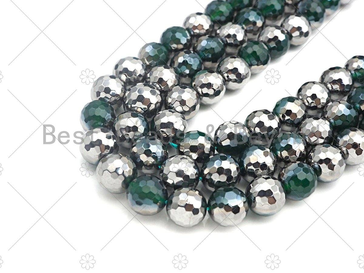 Top Quality Half Silver Plated Green Agate Beads, 8mm/10mm/12mm Round Faceted Green Agate beads, 15.5" Full Strand, sku#UA96