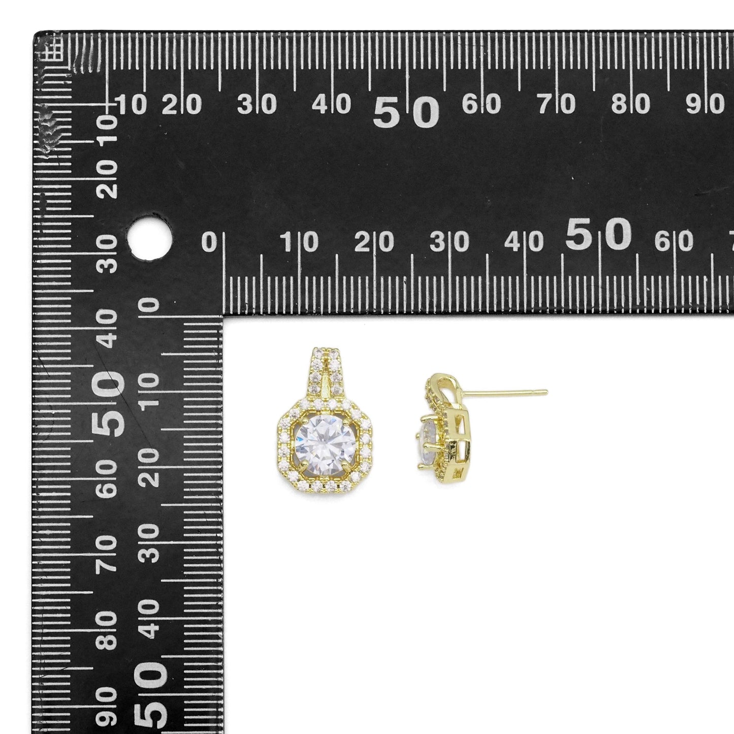 Clear CZ Round Square Gold Stud Earrings Pendant Necklace, Sku#LK904