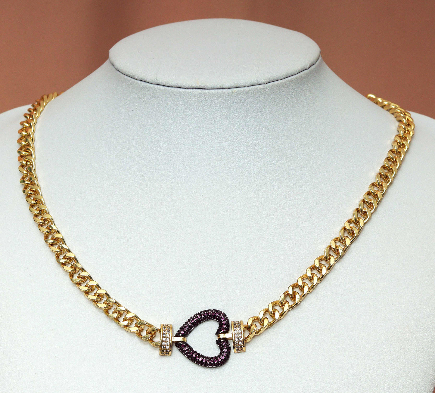 Gold Cuban Chain Heart Necklace, sku#CL18