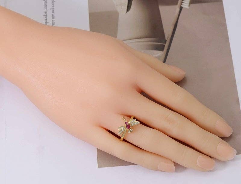 Fuchsia CZ Dragonfly Gold Adjustable Ring, Sku#LK734
