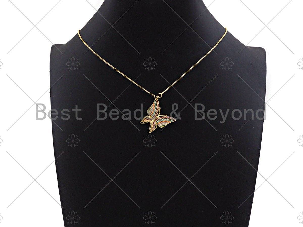 Colorful CZ Micro Pave Butterfly Shape Pendant, Cubic Zirconia Butterfly Pendant, Gold Tone Pendant, 26x28mm, sku#LK181