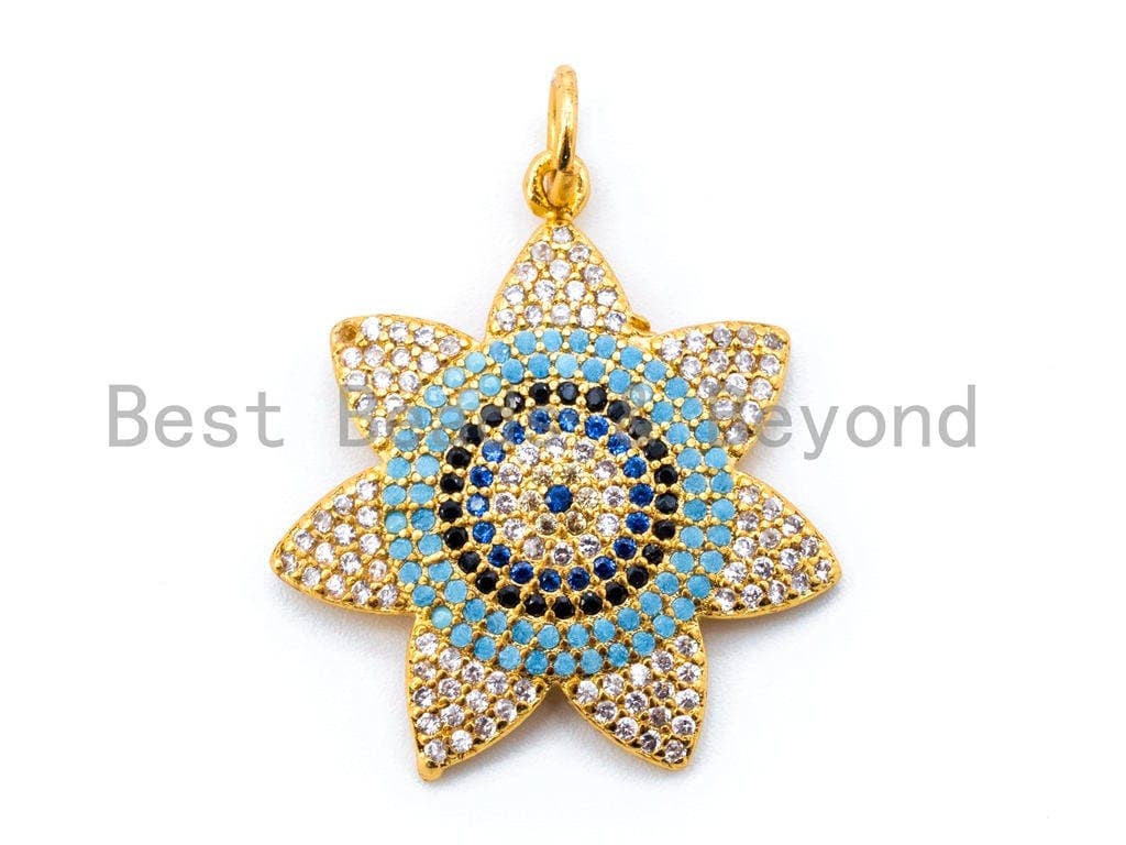 CZ Turquoise Cobalt Black Micro Pave Flower Evil Eye Pendant,sku#L45