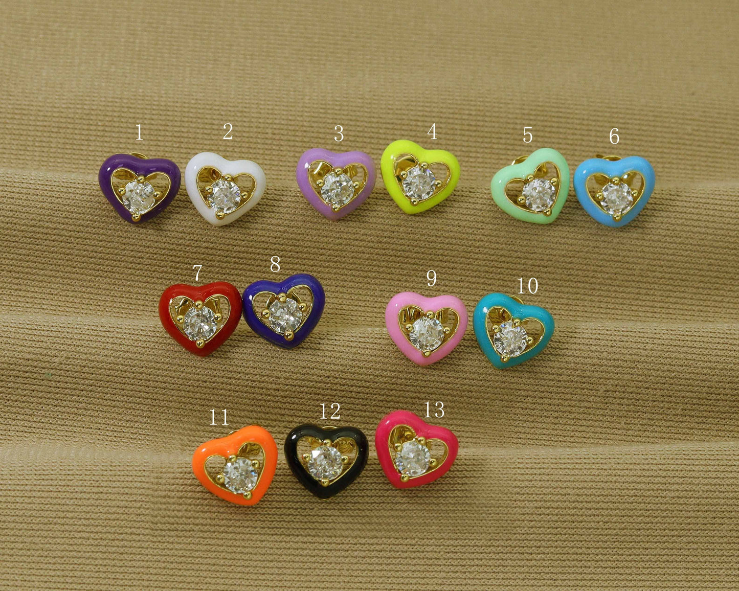 CZ Enamel Heart Stud Earrings, Sku#J336C