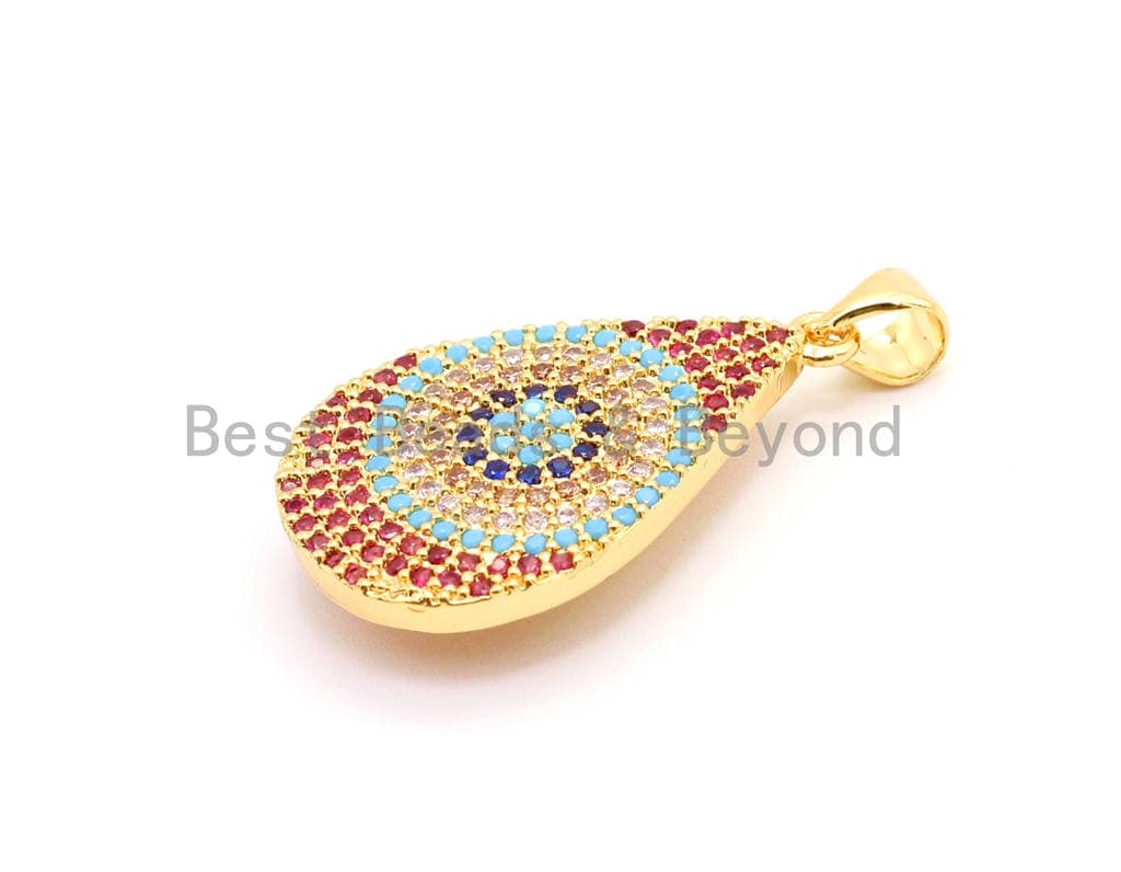 CZ Micro Pave Fuchsia Teardrop Evil Eye Pendant, 16x30mm, sku#F12