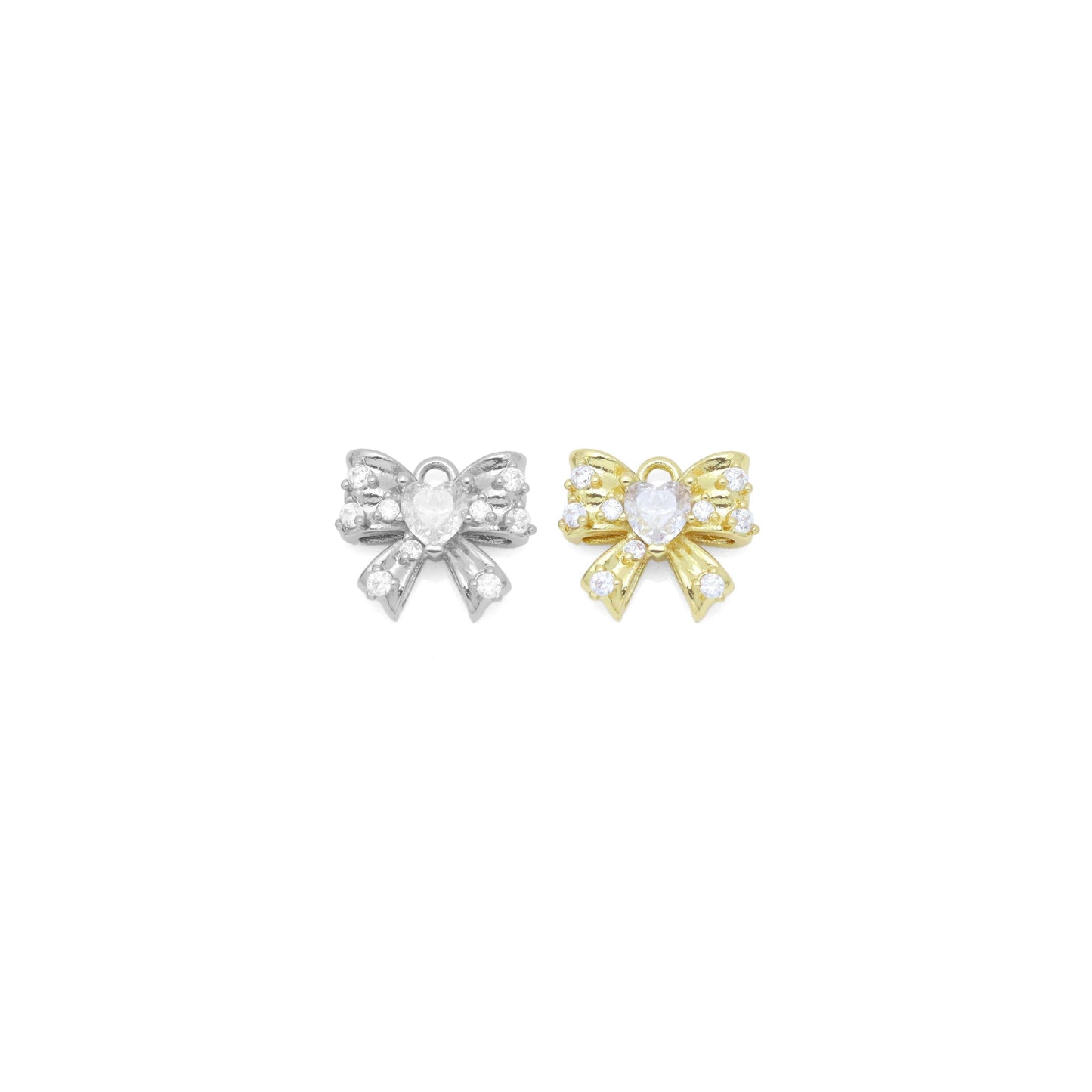 Dainty CZ Gold Silver Bow Charm Pendant, Sku#A321