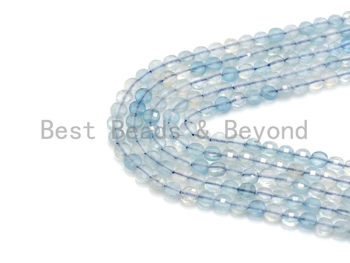 4mm High Quality Natural Aquamarine Faceted Coin Shape beads, Checkboard Cut Aquamarine, 15.5"Full Strand, sku#U791