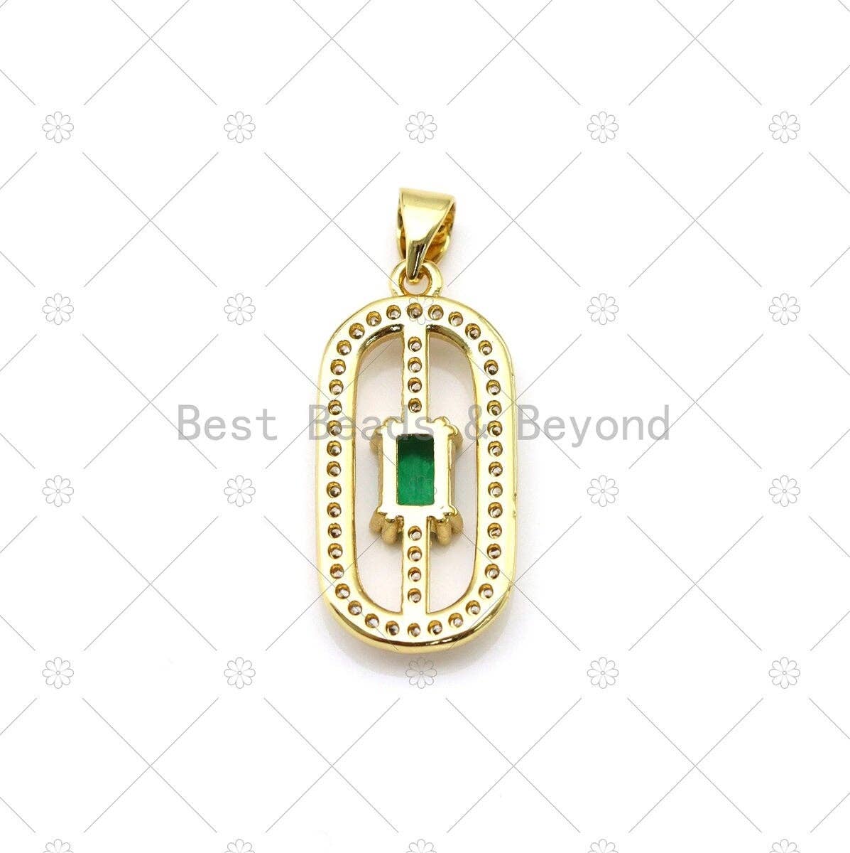 Colorful Big Rectangle CZ on Micro Pave Oval Shape Pendant, 18K Gold Filled CZ Charm, Necklace Bracelet Charm Pendant, 24x12mm,Sku#LK497