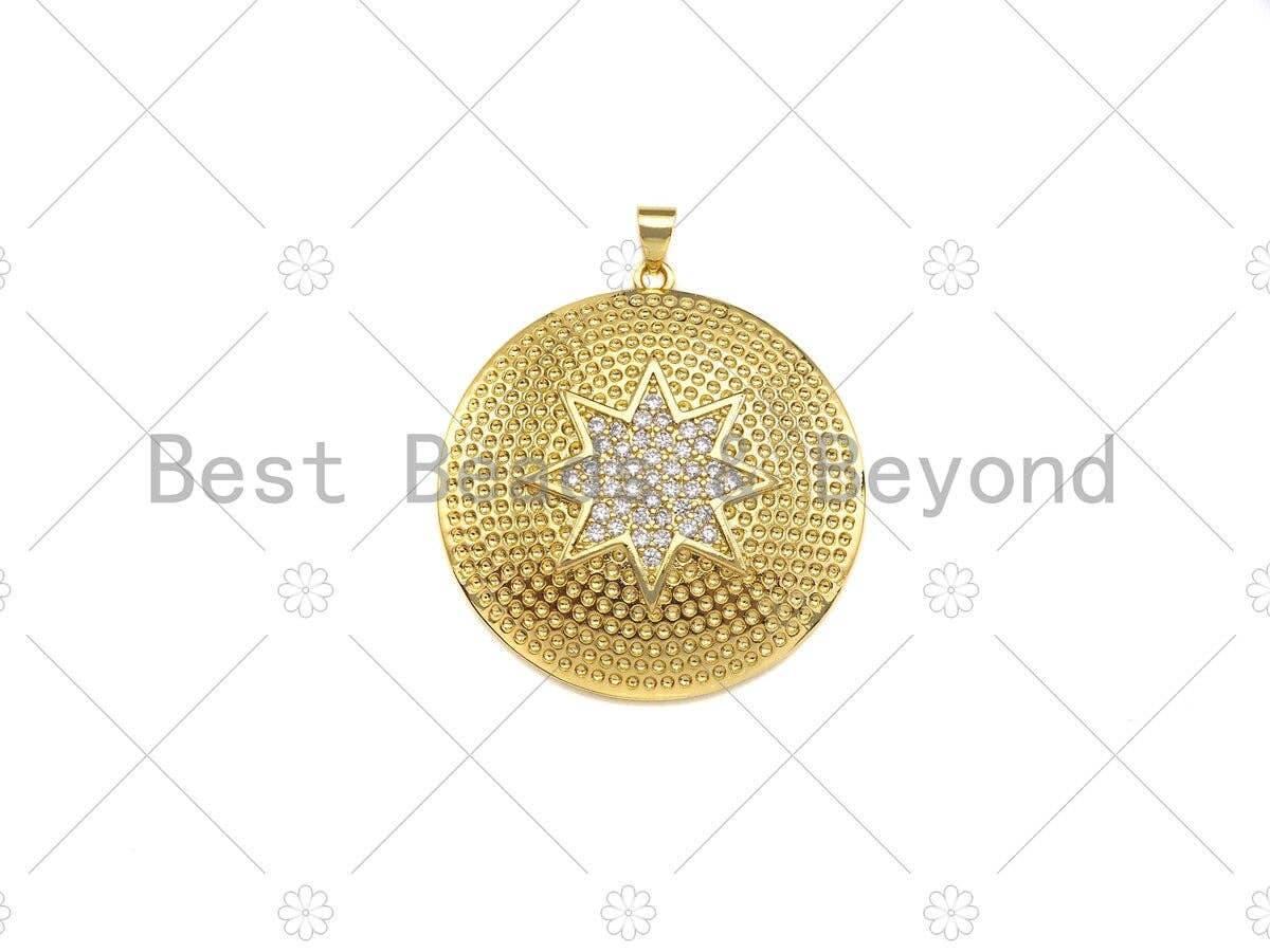 CZ Micro Pave North Star On Round Coin Pendant,18K Dainty Gold Medallion Charm, Necklace Bracelet Charm Pendant, 36x38mm, Sku#LK293