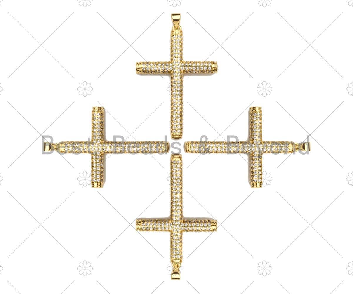 Large CZ Micro Pave Gold Cross Shape Pendant, Sku# LK142