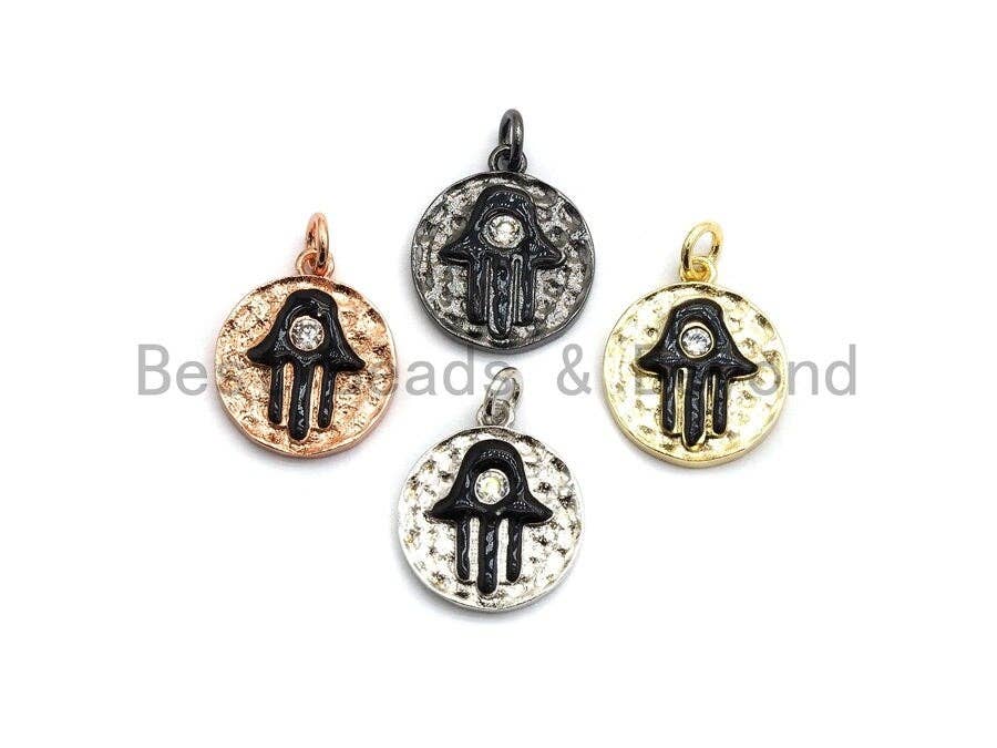 CZ Micro Pave Enamel Round With Hamsa Hand Pendant/Charm,Cubic Zirconia Pendant,Fashion Jewelry Findings, 15x17mm, sku#Z256