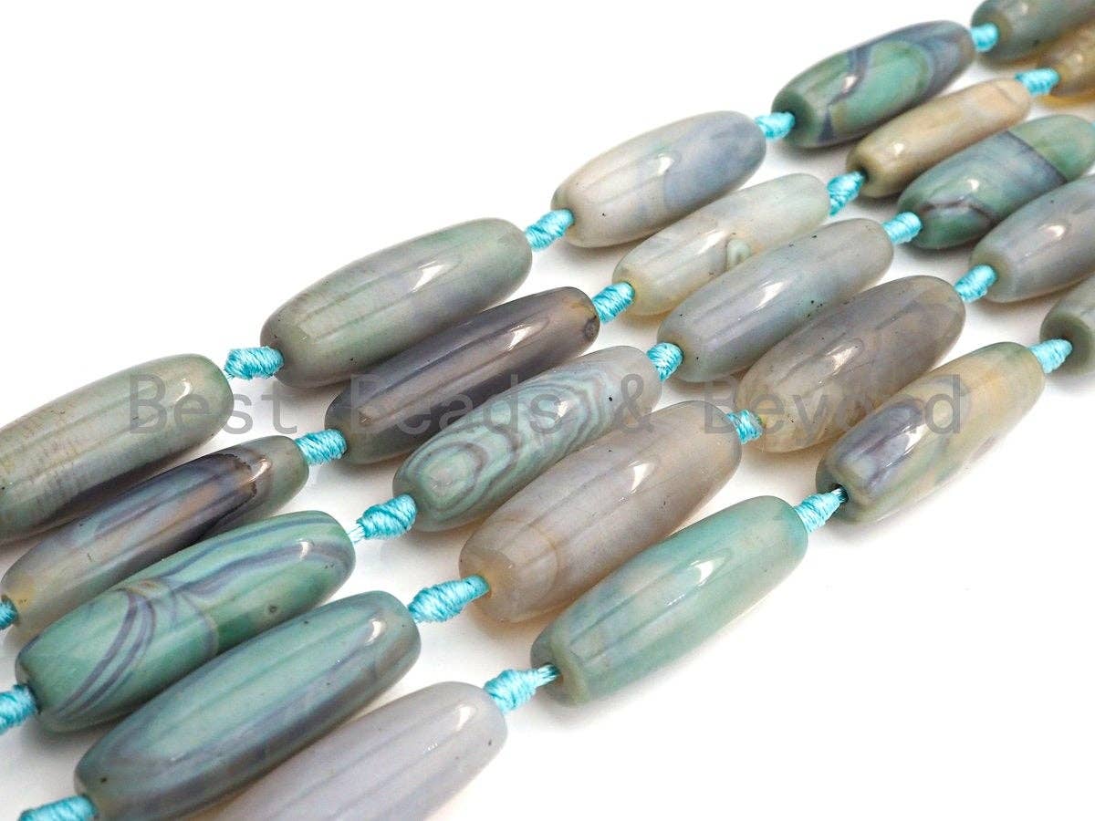 1pc/8pc Natural Agate Long Barrel Spacer Beads, Blue Brown Tibetan Agate Spacer Beads, 14x40mm, sku#U886