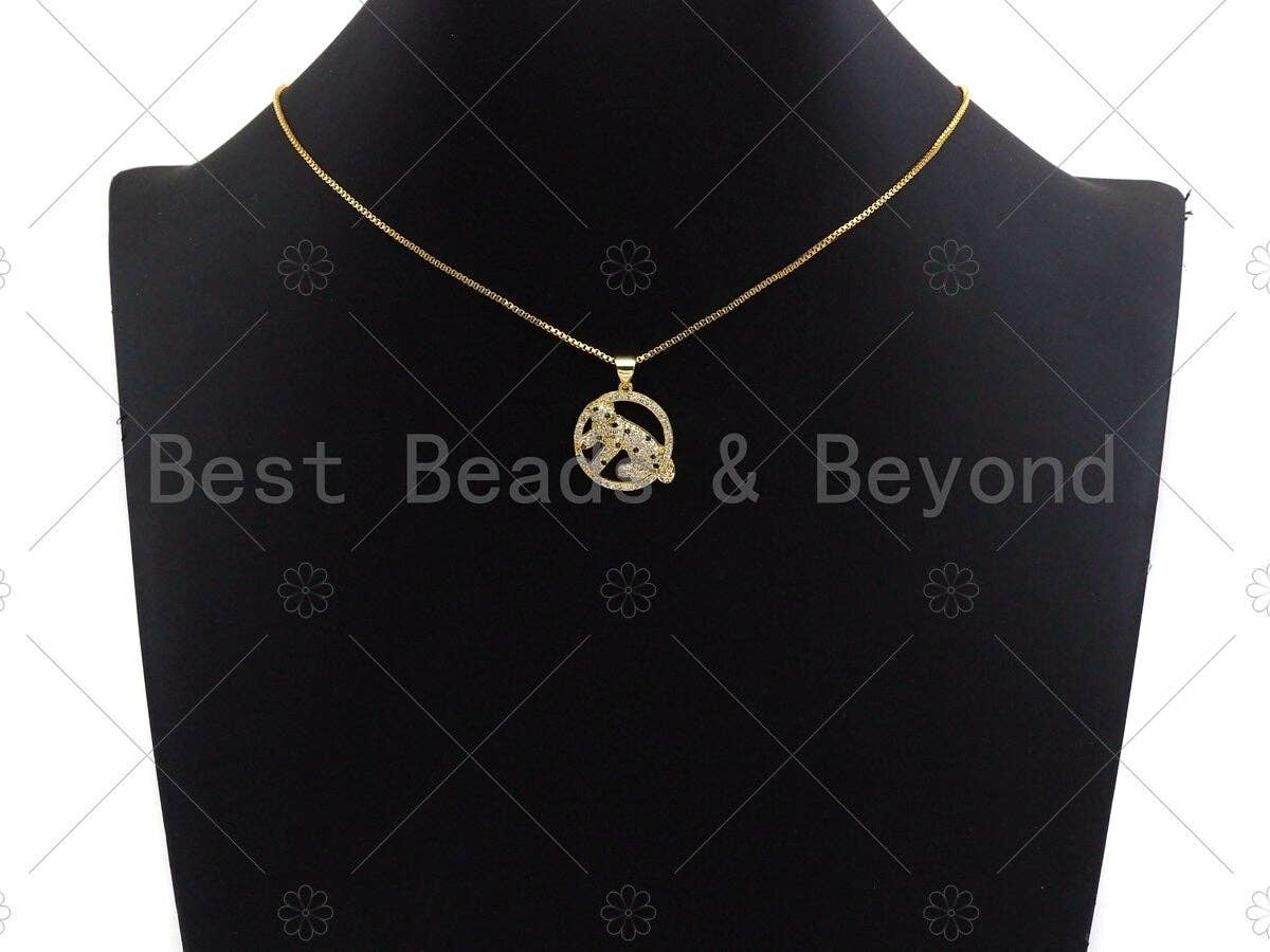 CZ Micro Pave Gold Leopard On Round Ring Shape Pendant, Jaguar Animal Charm, Panther Pave Pendant, Gold plated,18mm, Sku#LK82