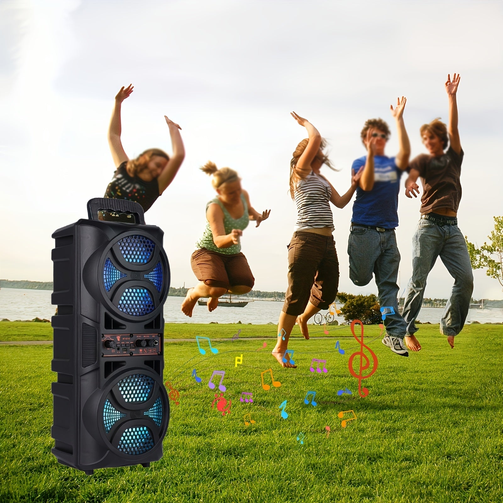 Enceinte Bluetooth portable avec basses subwoofer, double haut-parleur de graves LED 6,5" et microphone