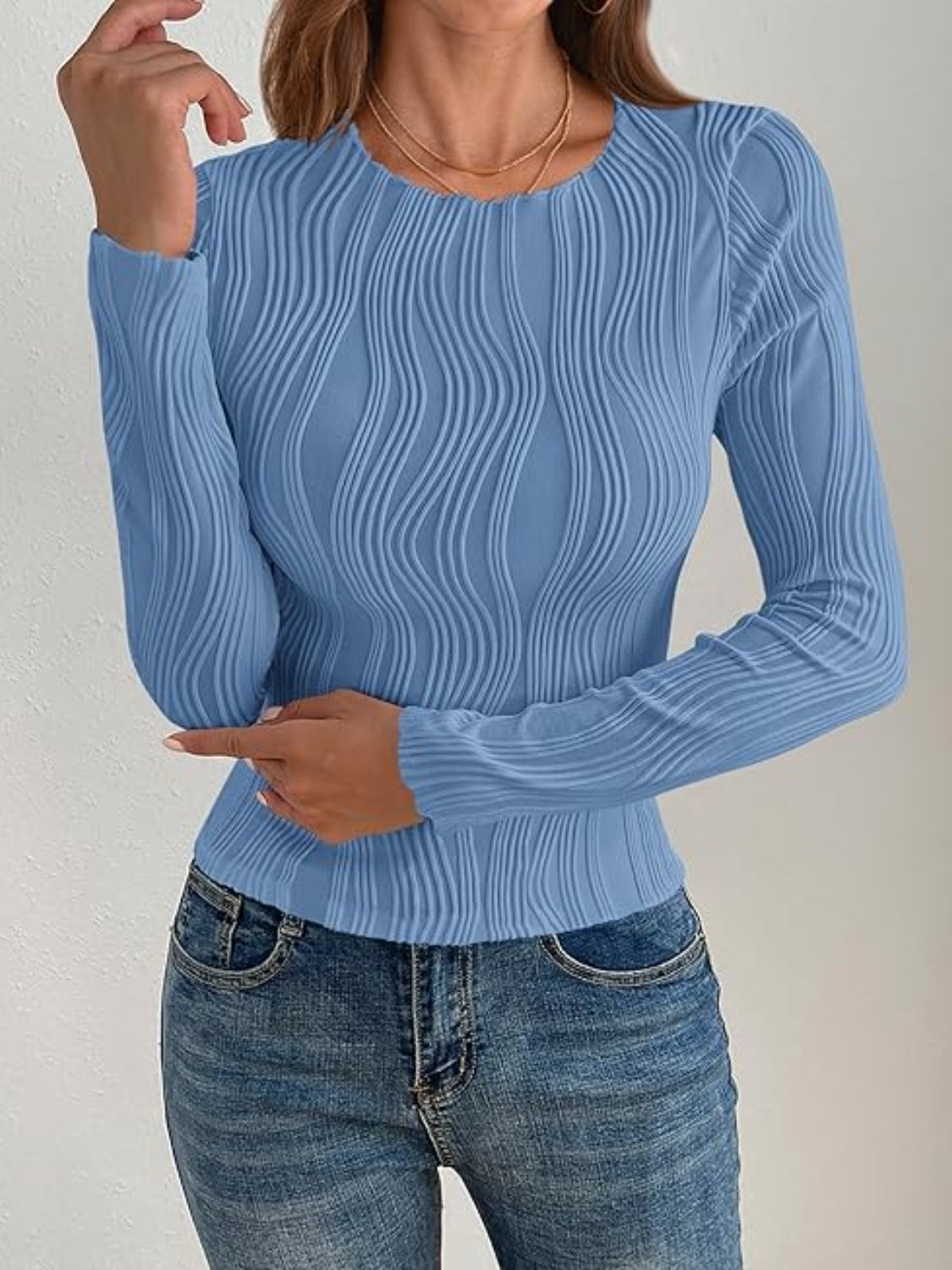 Textured Round Neck Long Sleeve Top