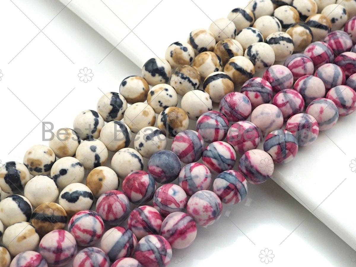Black White Navy Pink Mottled Jade Beads, Round Smooth 8mm/10mm/12mm, Dyed Jade Gemstone Beads, 15.5" Full Strand, sku#UA109