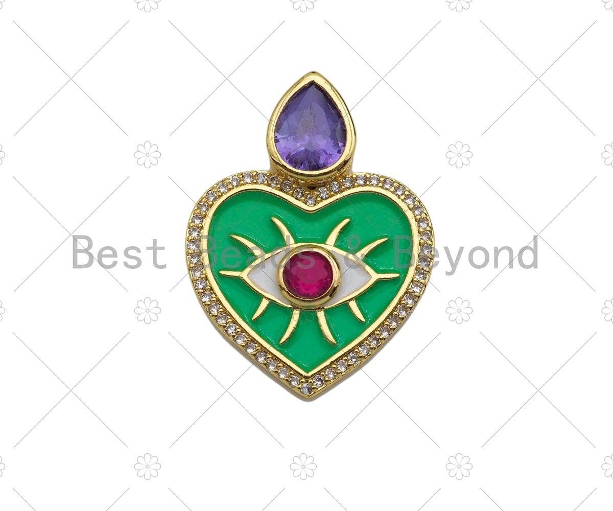 Fuchsia CZ Evil Eye On Green/Black Enamel Heart Pendant, 18K Gold Filled CZ MicroPave Charm, Necklace Bracelet Charm, 20x27mm,Sku#Z1264