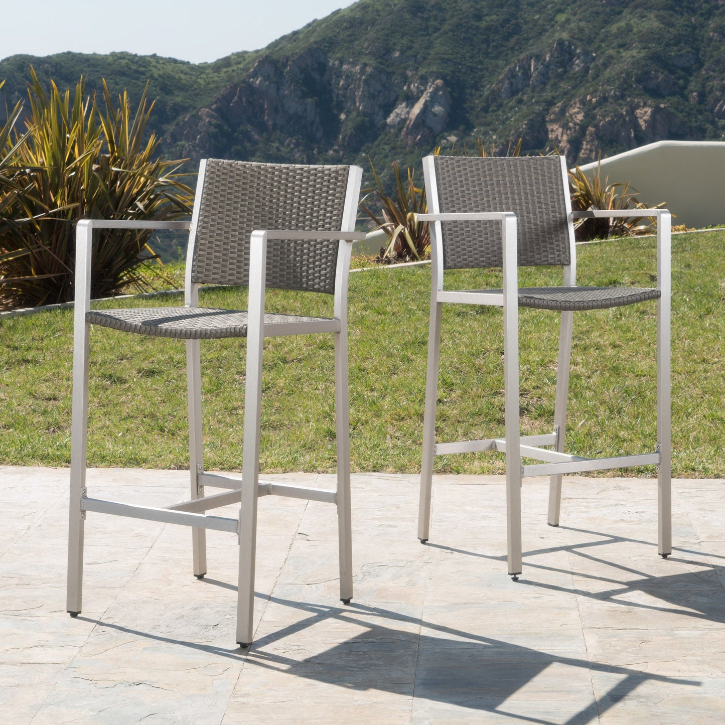 Outdoor Rust-Proof Aluminum Barstools with PE Rattan Seat - Set of 2