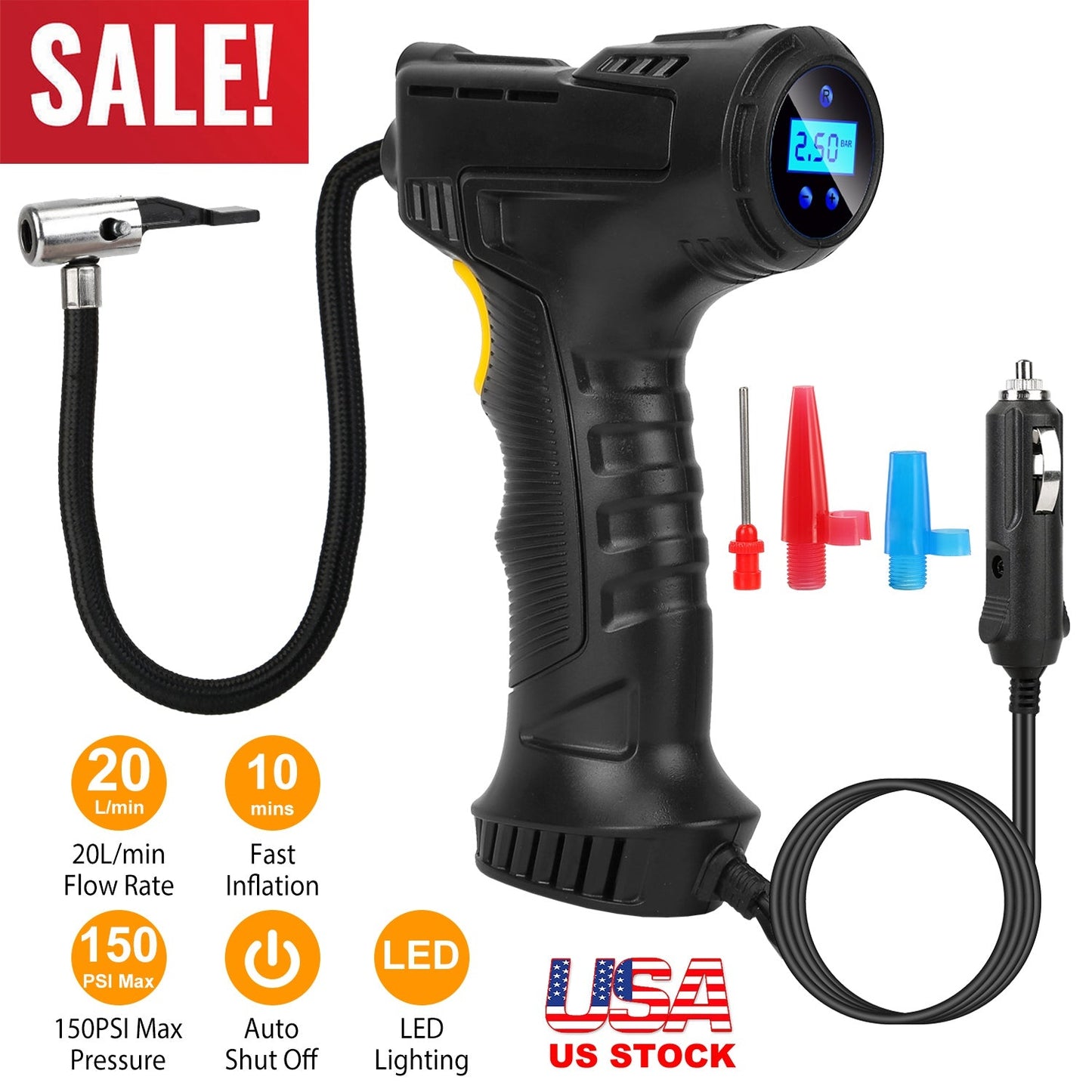 Portable Car Tire Inflator for Auto Use and Quick Inflate