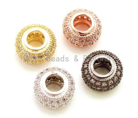 CZ Donut Shaped Micro Pave Large Big Hole Beads, Cubic Zirconia Space Beads,Slider Beads, 12x5mm, #G126