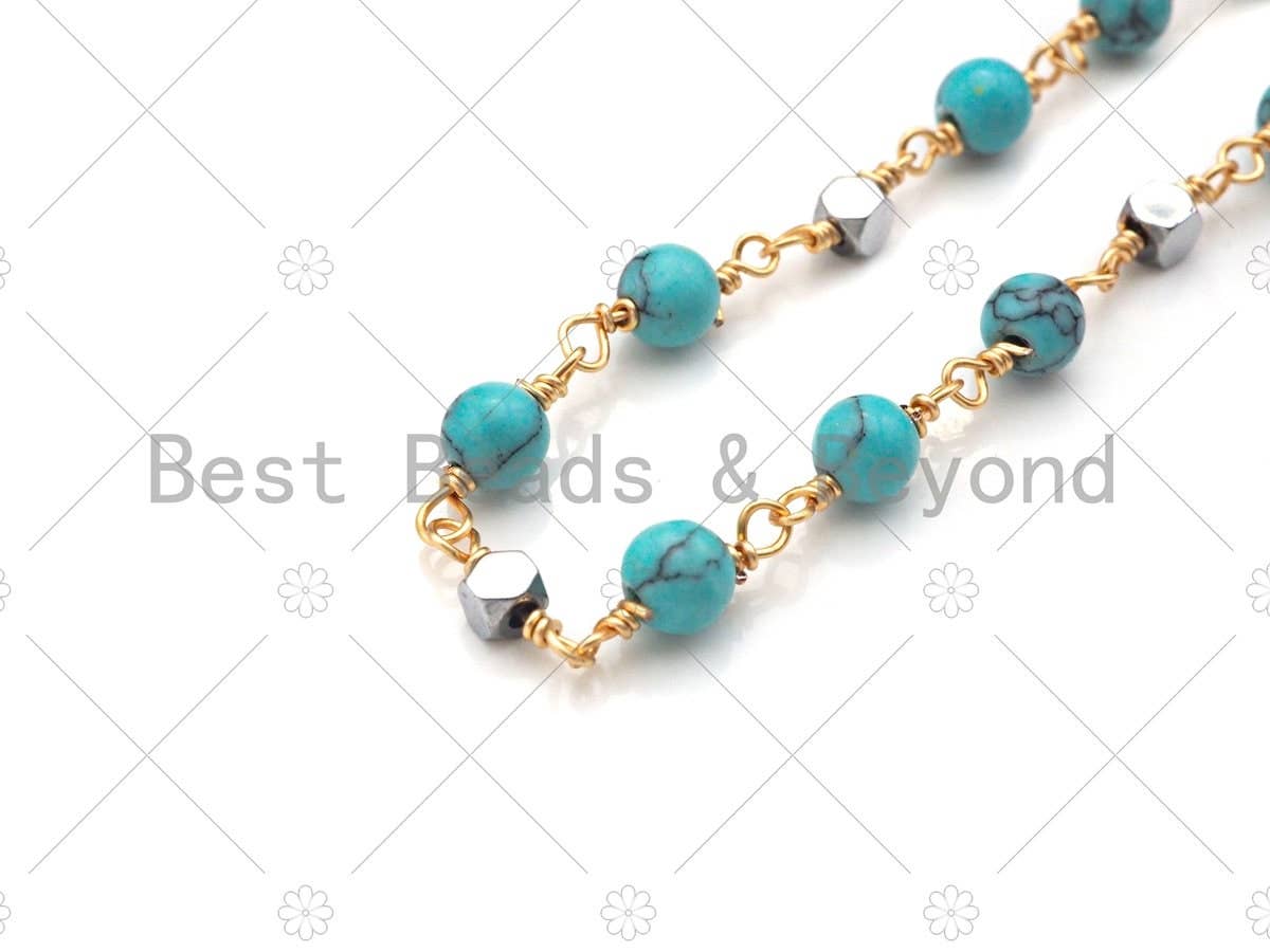 1 Foot/Yard-5mm&3mm Turquoise Yellow Round  Rosary Chain- Brass Wire Wrapped Gold Plated Chain- DIY Necklace/Bracelet Link Findings, sku#V67