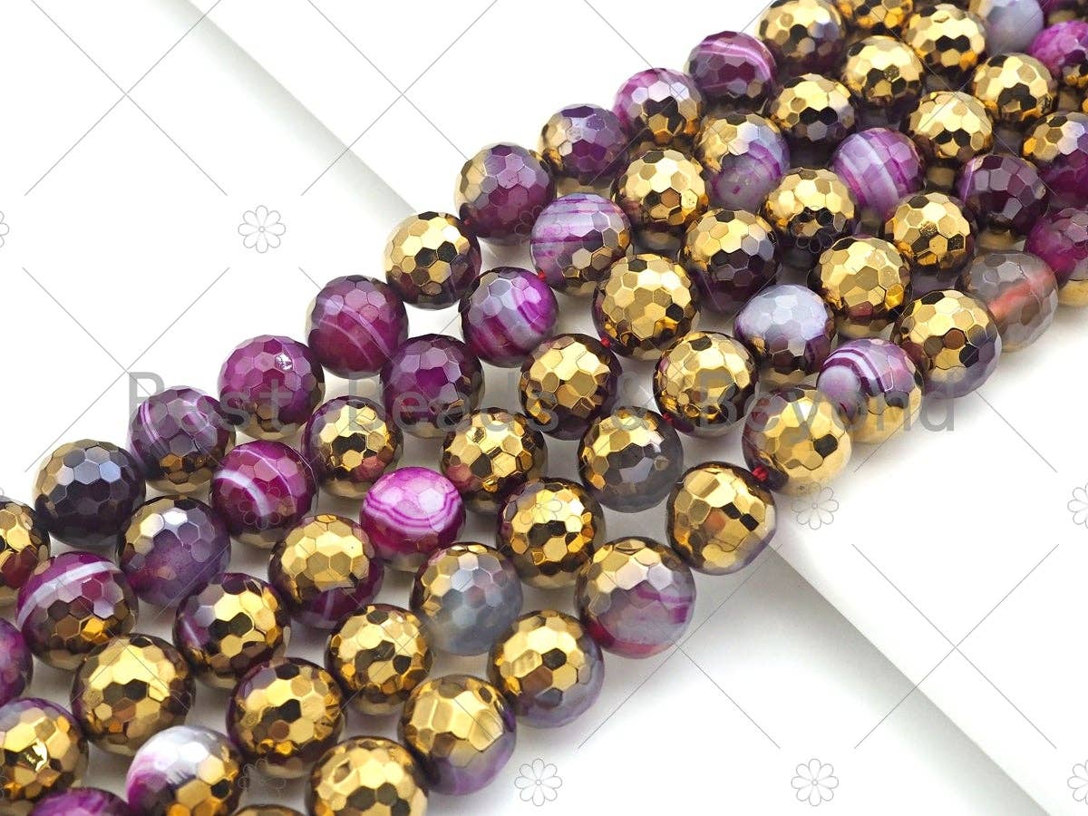 Half Gold Plated Pink Agate Beads, 8mm/10mm/12mm Round Faceted Gold Pink Agate Beads, 15.5 Full Strand, sku# UA132