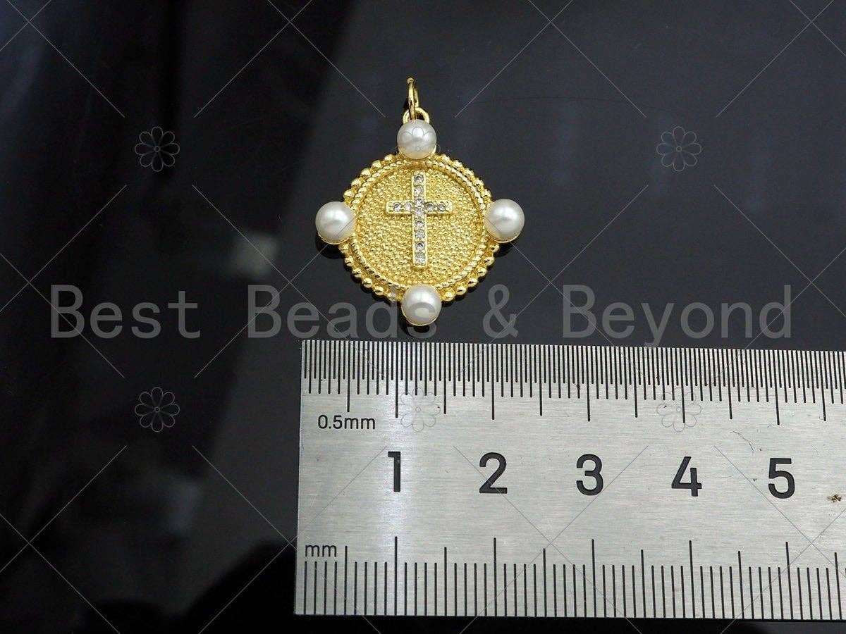 Gold Filled CZ Micro Pave Cross Medallion Pendant,18K Gold Filled Mother of Pearl Charm, Necklace Bracelet Pendant,25x23mm,Sku#LK348