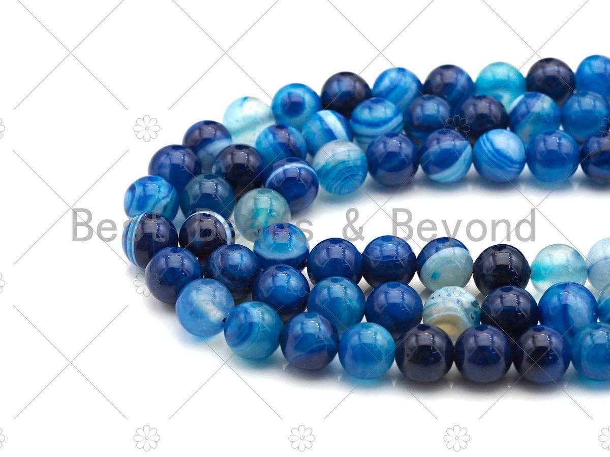 High Quality Blue Banded Agate Round Smooth Beads, 6mm/8mm/10mm/12mm Agate, Natural Blue Agate Beads, 15.5"Full Strand, sku#UA116