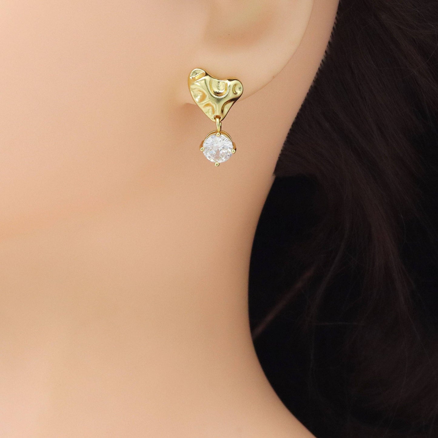 Big CZ Hammered Heart Stud Earrings, Sku#LK1066