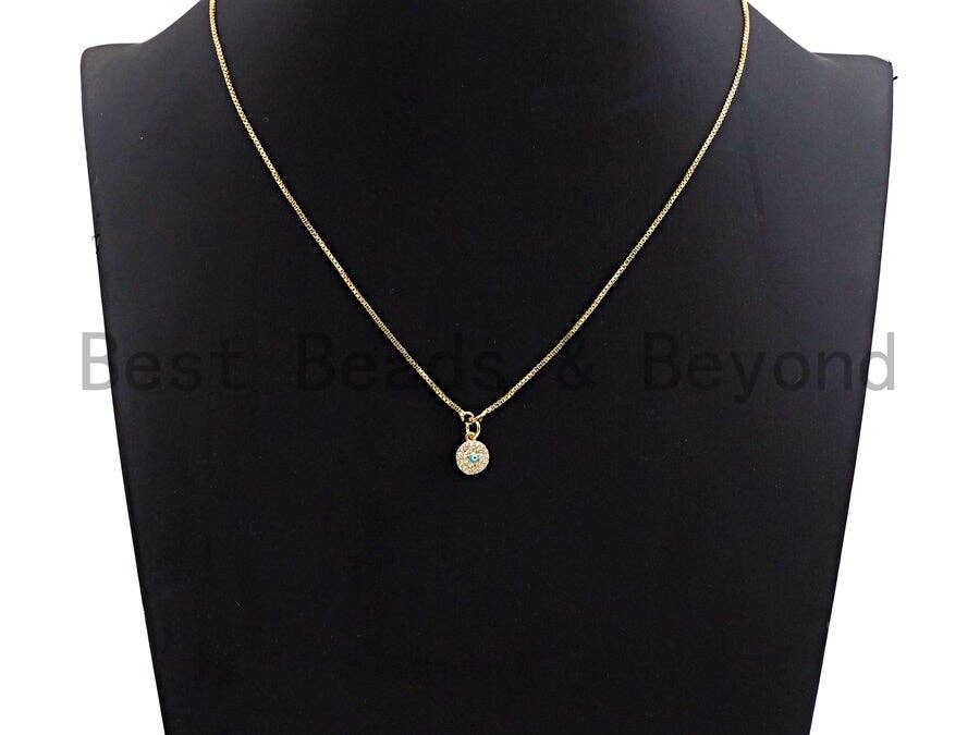 CZ Micro Pave Round Evil Eye on Disc Pendant, Cubic Zirconia Pendant, Silver/Gold/Rose Gold/Black Tone, 8x10mm, Sku#Z383