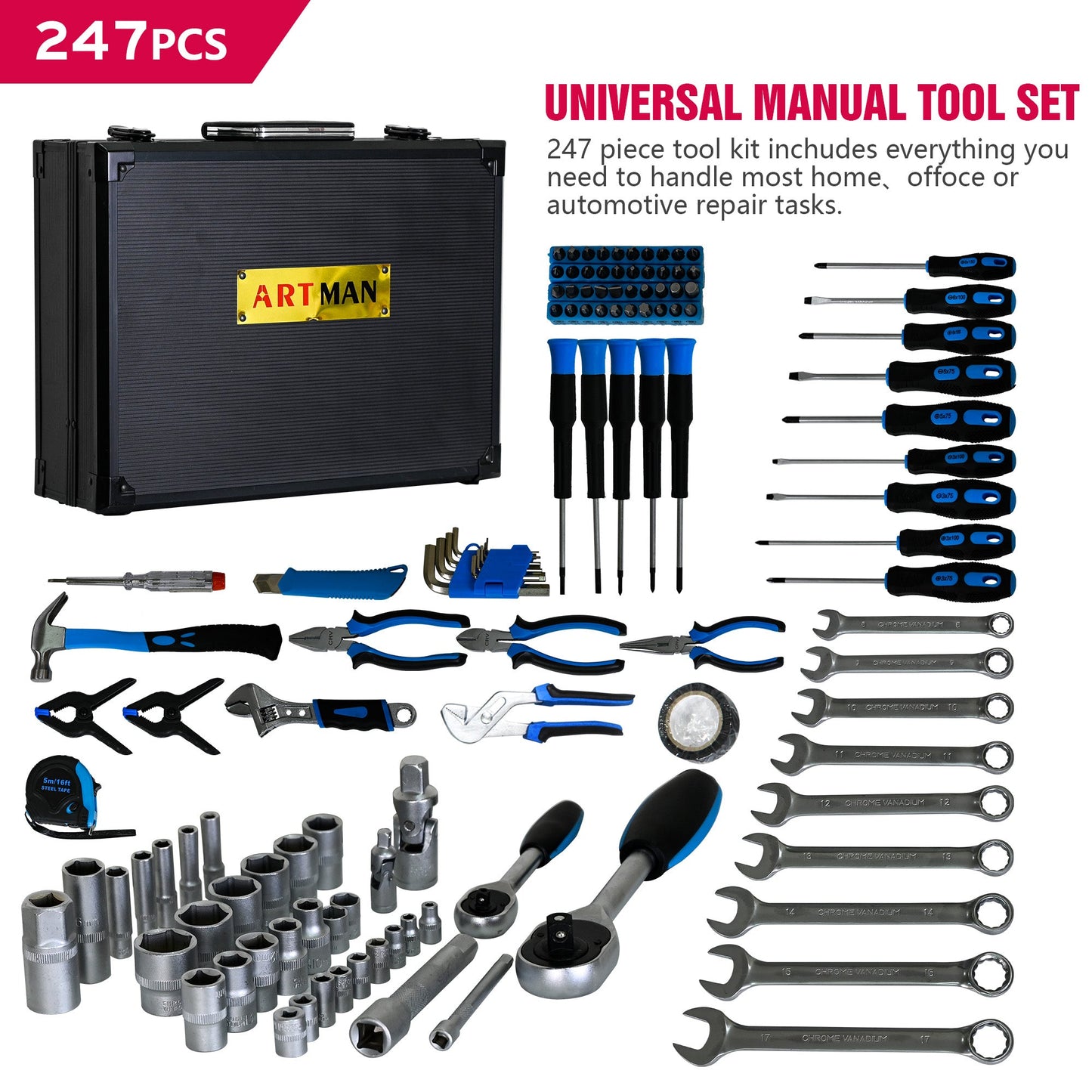 Combined Maintenance Tool Suitcase - 247 Pieces of Basic Home Maintenance Tool Set