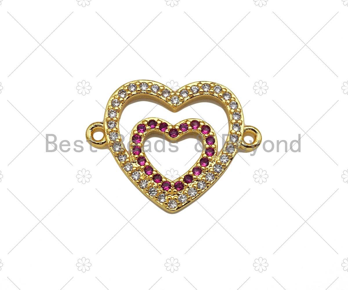 Gold Filled Fuchsia CZ Heart with Clear CZ Heart Shape Connector,18K Gold Filled Heart Charm, Necklace Bracelet Pendant,17x23mm,Sku#LK367