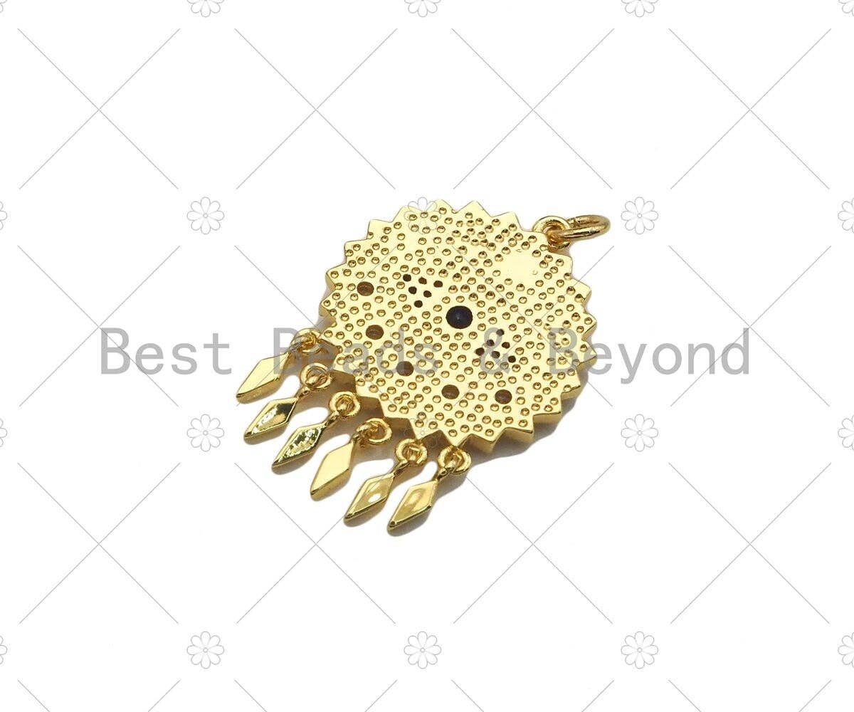 CZ Micro Pave Evil Eye with Dainty Triangle On Round Coin Shape Pendan,18K Gold Medallion Charm, Necklace Bracelet Charm, 30x20mm,Sku#L563