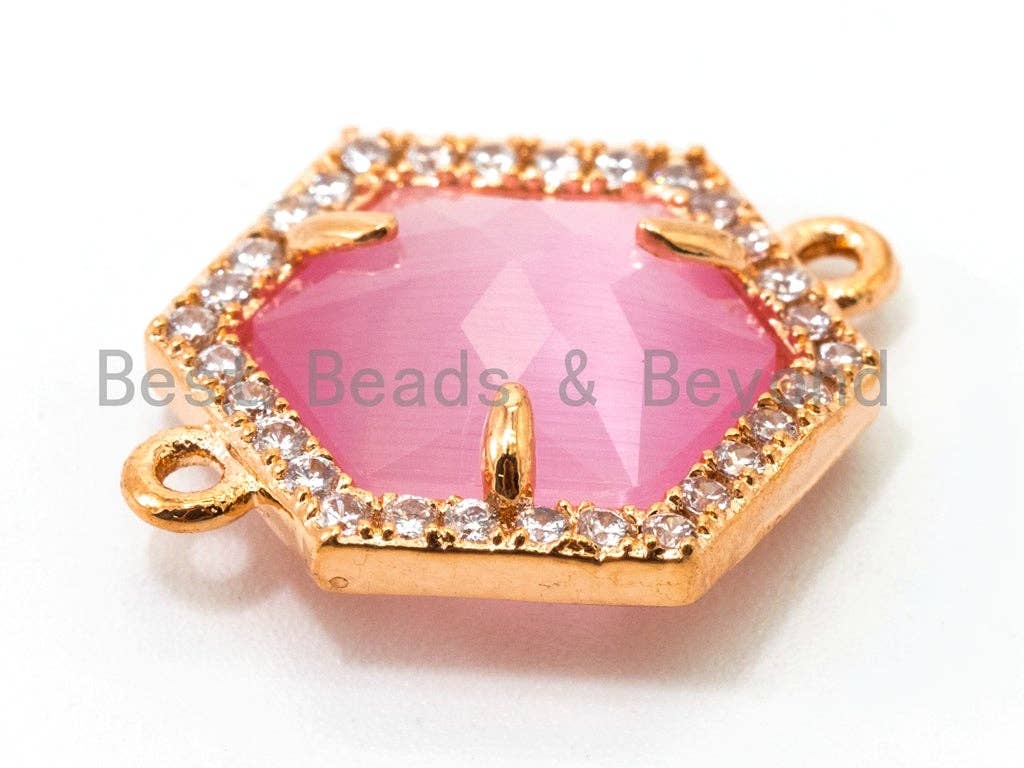 Hexagon Bezel Connector with Faceted Cat's Eye Stone, Gold Plated CZ Micro Pave Frame Connector, Topaz/Blue/White/Pink 14x18mm, sku#A79