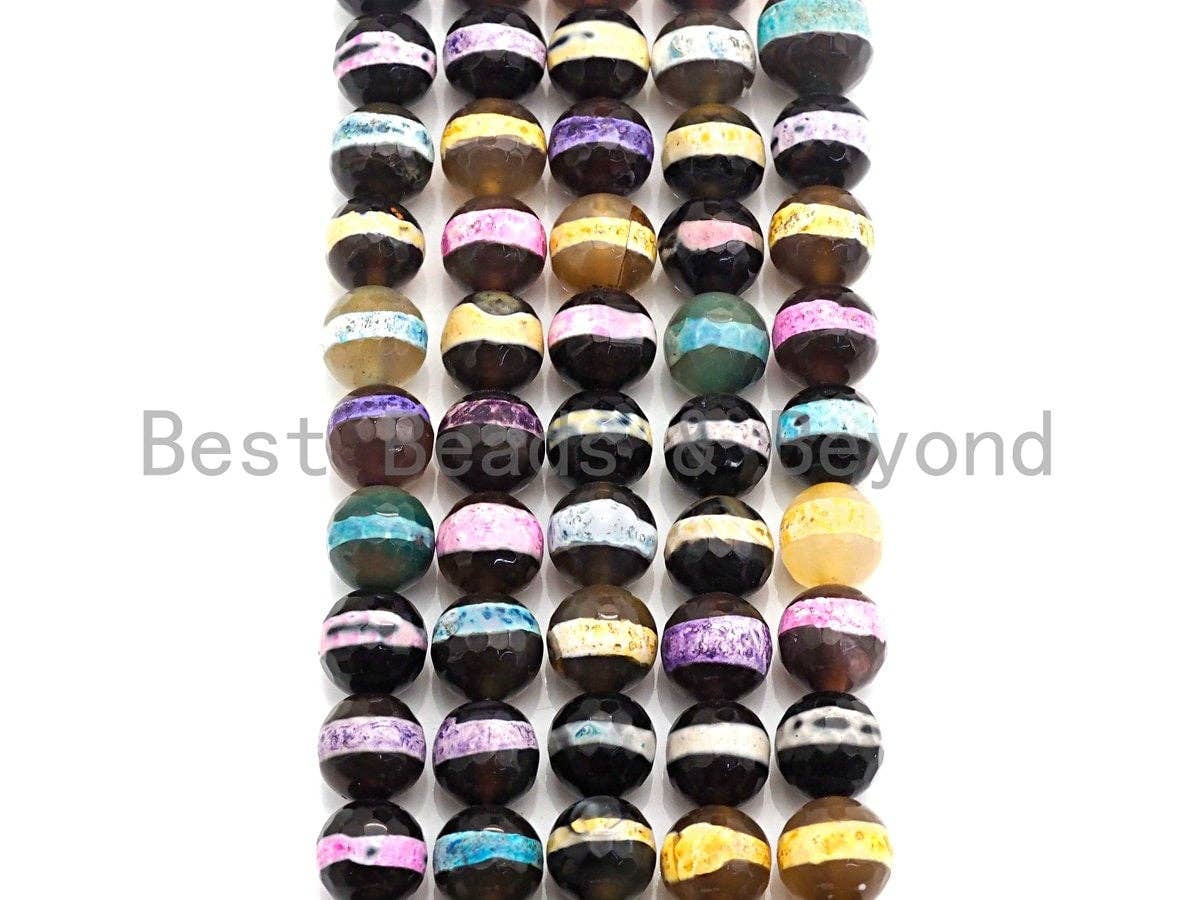 Dzi Agate faceted round beads with Rainbow line, 8mm/10mm/12mm/14mm, mixed color Tibetan beads, agate beads wholesale -15inch, sku#U628