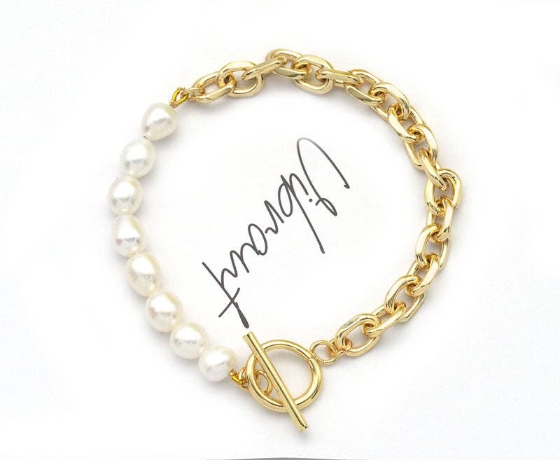 Freshwater Pearl Gold Chain Bracelet with toggle clasp, Sku#EF216