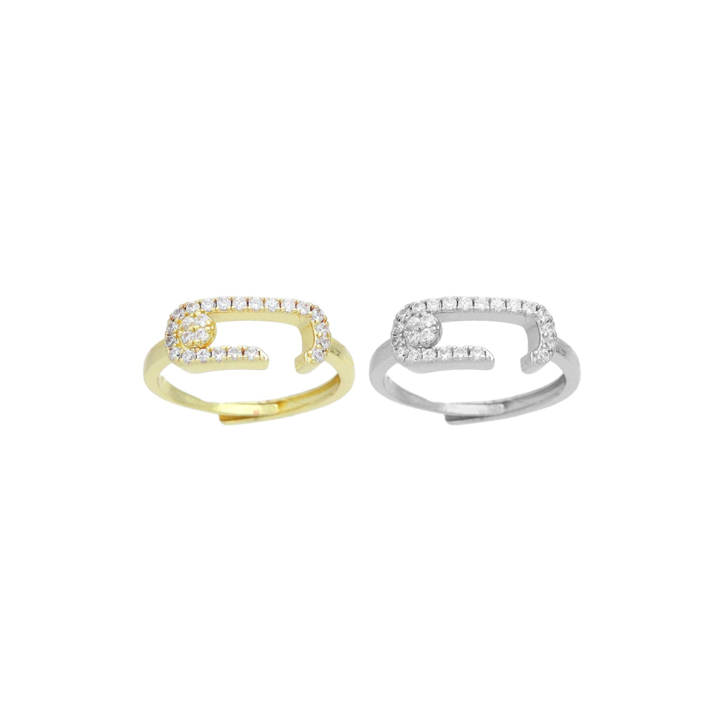 Gold Silver Clear CZ Paperclip Shape Adjustable Ring, Sku#A389