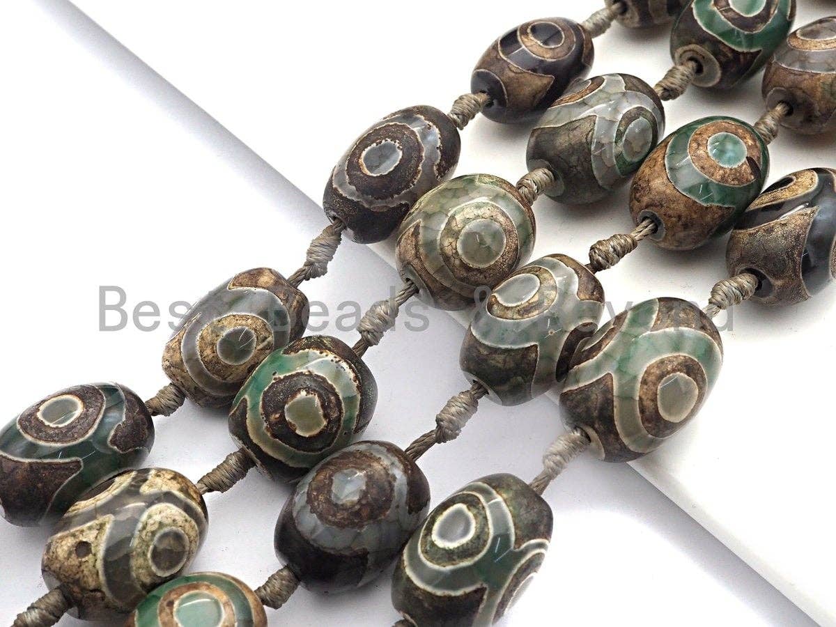 1pc/12pc Tibetan Barrel Agate Beads, Green Brown EYE Dzi Drum beads, Tibetan Eye Agate Beads, 15x20mm, sku#U530C