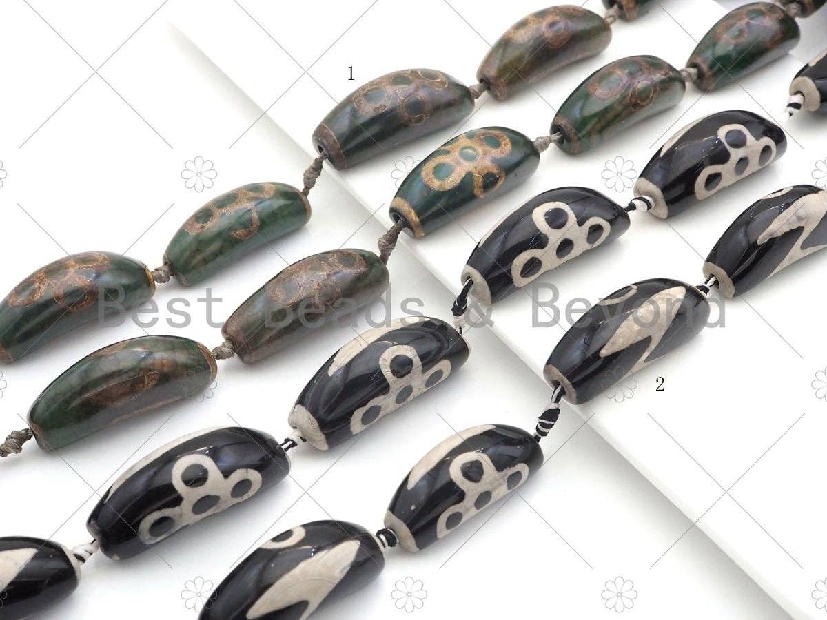 Natural Green Black Agate Curve Spacer Beads, Flower Lightning Style Agate Pendant Beads, Tibetan Dzi Beads, 43x16mm, Sku#U1129