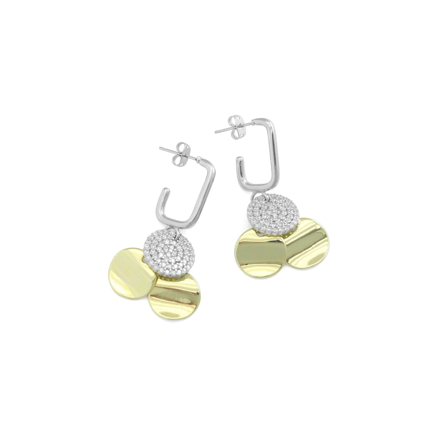 Gold Silver Dual Color Three Round Disc Coins Stud Earrings, Sku#LX828