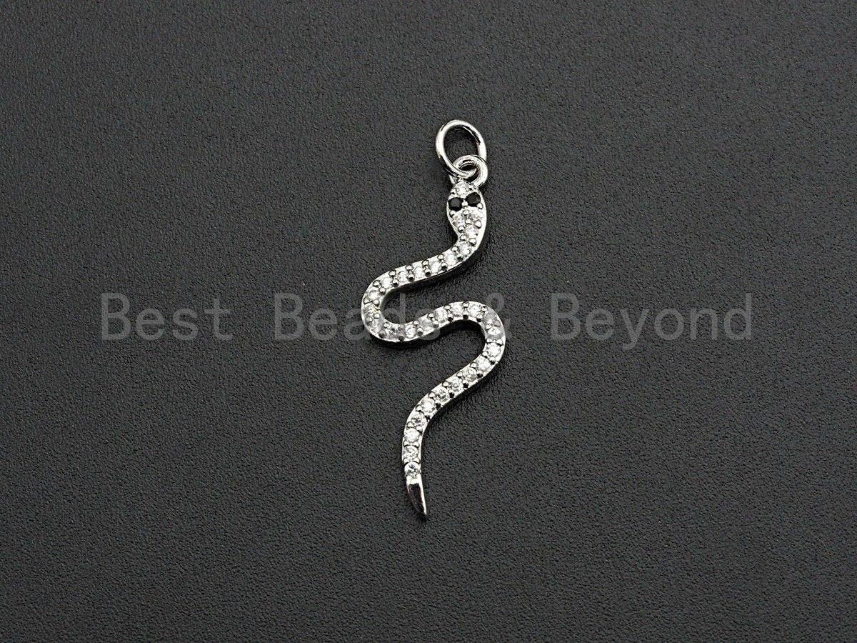 Clear CZ Micro Pave Snake Shape Pendant/Charm, Snake Cubic Zirconia Pendant, Silver/Gold Tone,12x30mm,Sku#Z501
