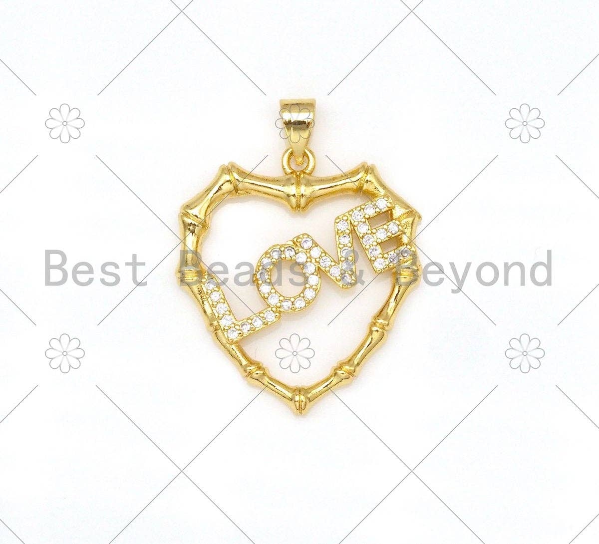 CZ Micro Pave Love On Heart Shape with Bamboo Frame Pendant,18K Gold Filled Heart Charm, Necklace Bracelet Charm Pendant,23x26mm,Sku#LK384