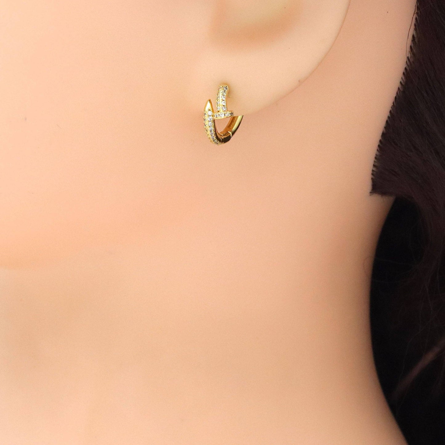 Clear CZ Gold Nail Small Hoop Earrings, Sku#LK1005