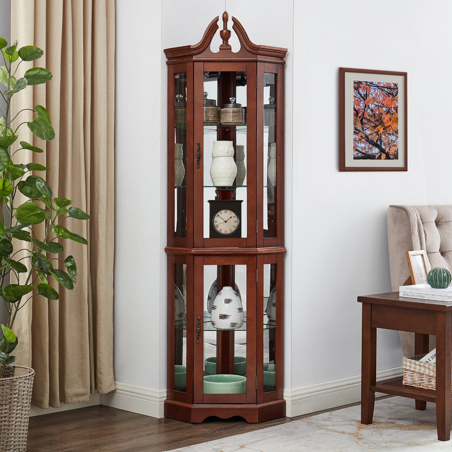 Walnut Corner Curio Cabinet with Lights