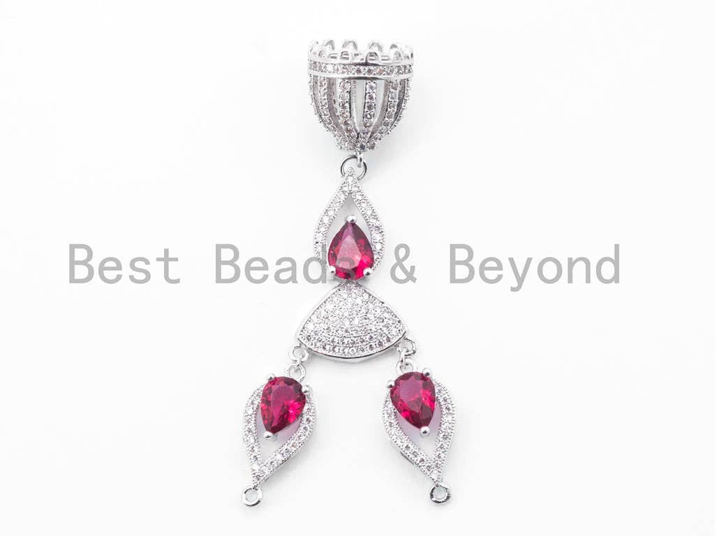 CZ Micro Pave Tassel Head with Fuchsia/Green/Cobalt Gemstone Pendant, sku#L155